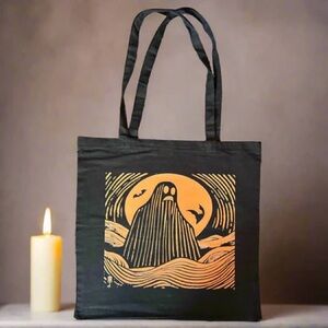 Black Tote Bag with Orange Ghost Design